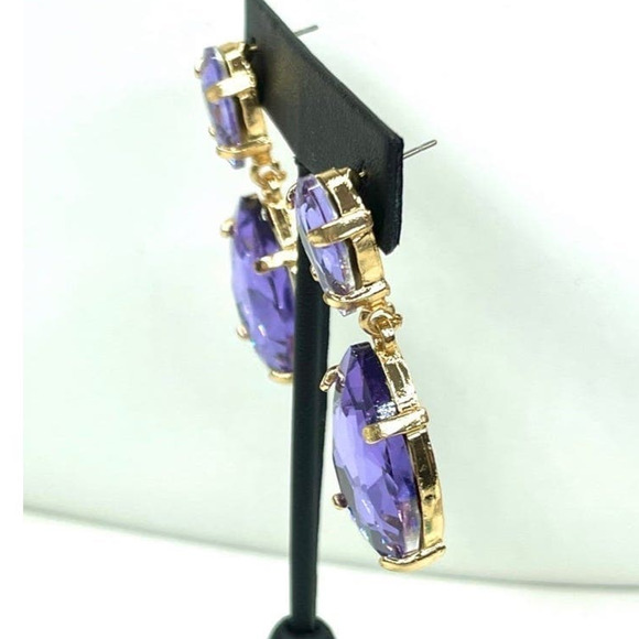 NEW Earrings 2" Chunky Purple Amethyst Rhinestone teardrop pierced m10 - Picture 2 of 4